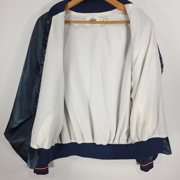 Vtg Bud Light Snap Front Satin Jacket Men's Large Navy Blue Nylon Distressed - Picture 11 of 14